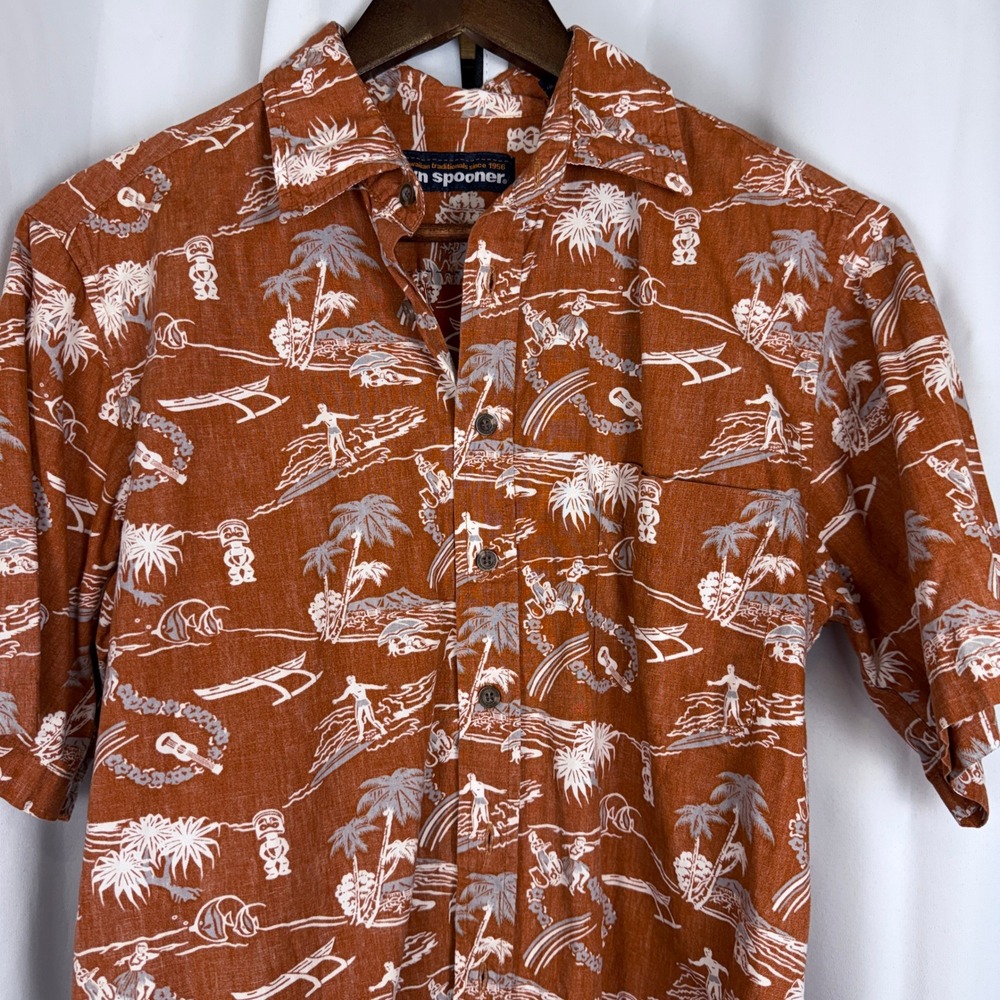 Reyn Spooner Mens Hawaiian Shirt M Burnt Orange Surfer Tiki Cotton Made in USA
